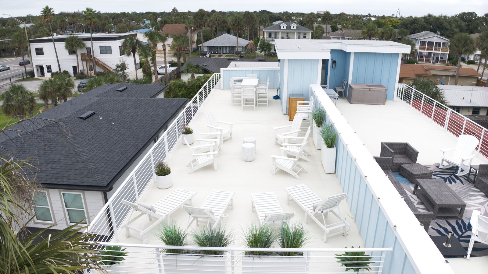 Aerial of a rooftop deck on a coastal rental