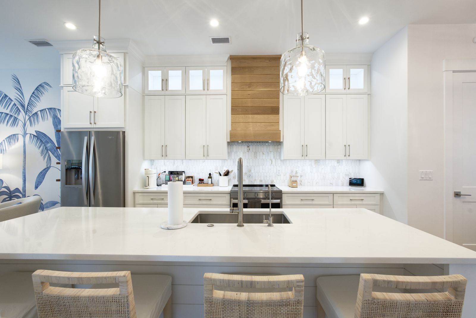 Kitchen island in a coastal rental interior